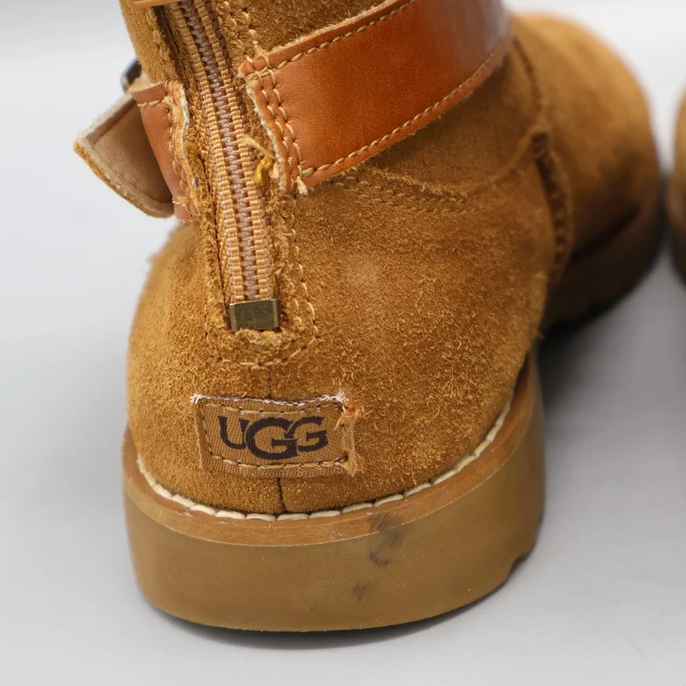 UGG Nessa Shearling Chestnut Suede Boots‎ Kids Size 1 Buckle Zip Warm Boho